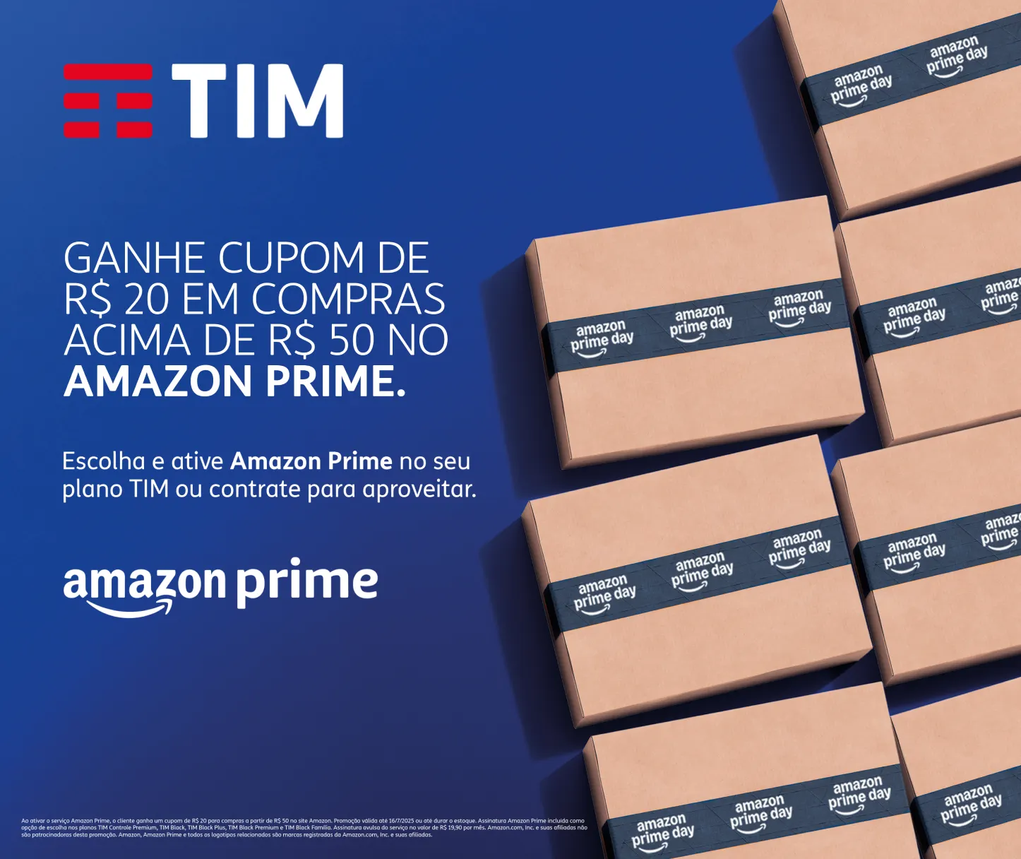 Banner azul da TIM com caixas Amazon Prime Day e texto sobre cupom de R$20 em compras acima da de R$50