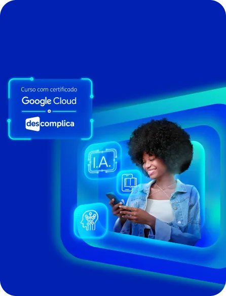 Mulher sorrindo usando o celular com ícones de IA, livro e chip, representando curso online