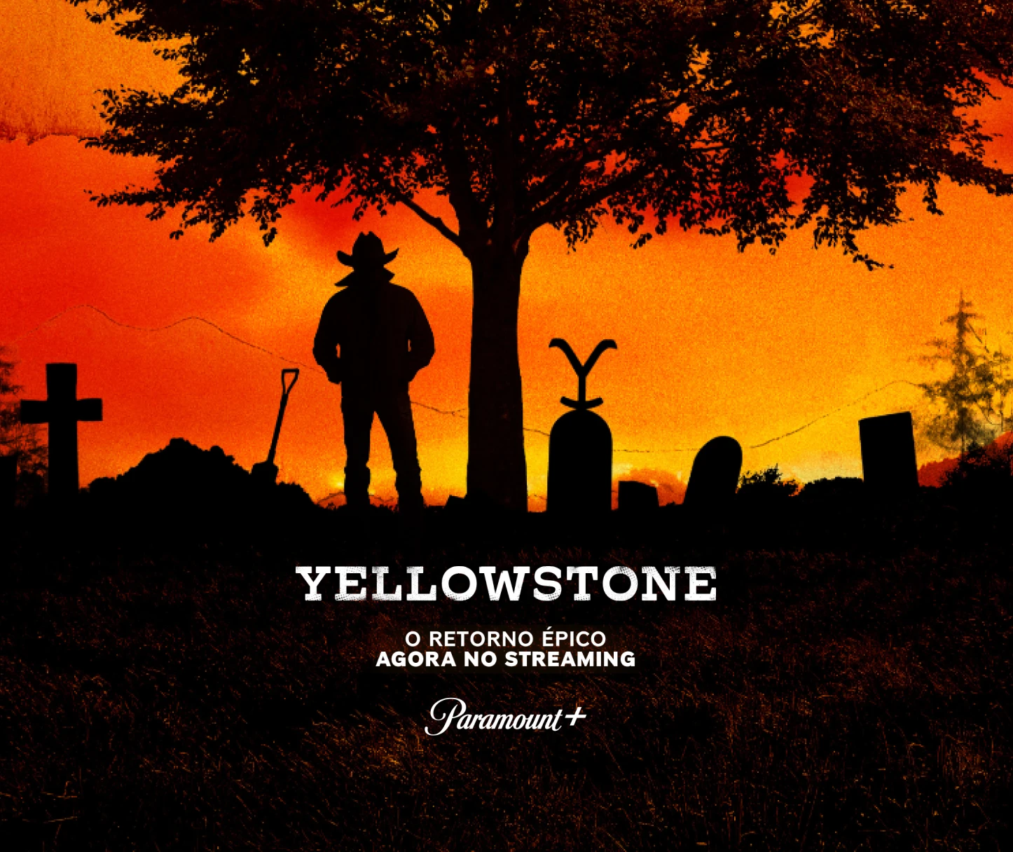 Pôster de Yellowstone com um cowboy sombrio sob uma árvore, ao pôr do sol, em um cemitério rural.